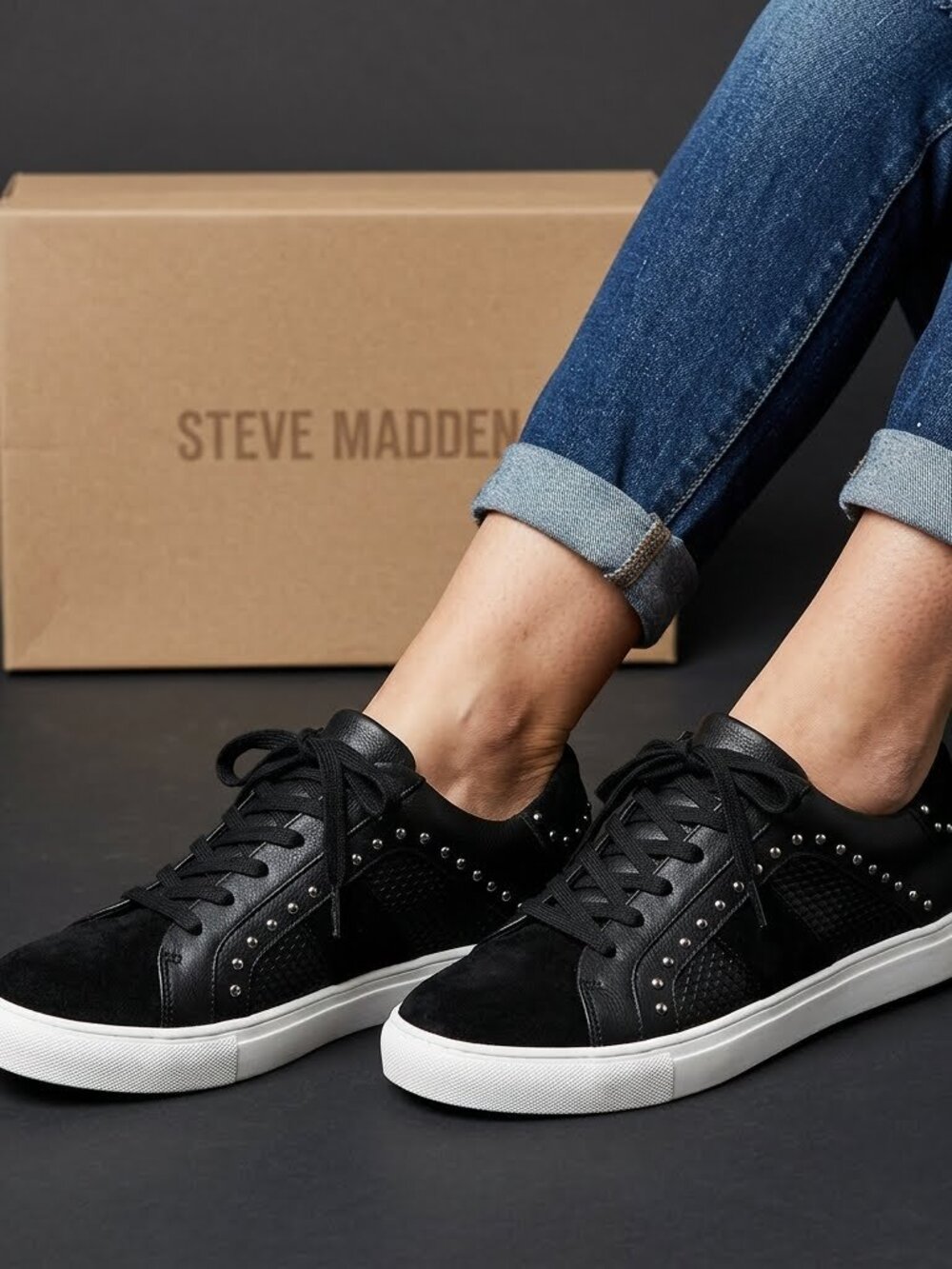 Steve Madden Zacy Black Suede Studded Sneakers 8M